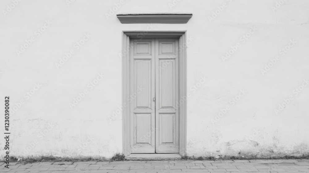 Fototapeta premium Whitewashed wall with an old, closed, double wooden door.