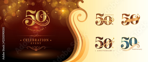 Set of 50th Anniversary logotype design, Fifty years Anniversary Logo, Elegant Classic Logo, Luxury Vintage and retro Serif Number 50, Celebrating Anniversary Logo for Congratulation event, invitation