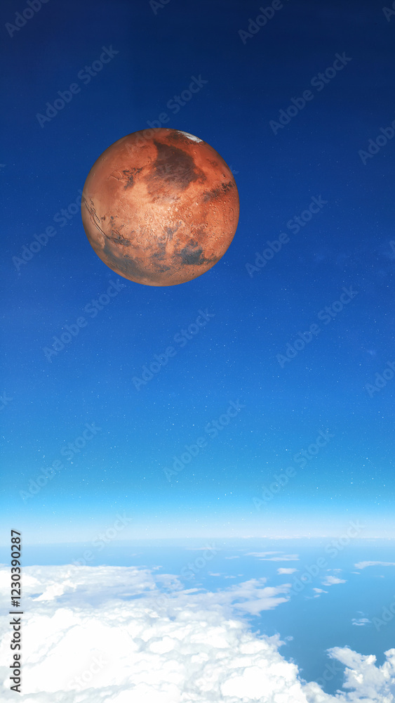 Surreal scene with Mars floating in the sky above Earth, stars, clouds, and ocean below. Vertical 3d rendered illustration. Elements of this image were furnished by NASA