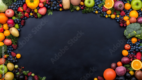 Rainbow of Freshness: A vibrant circle of fruits and vegetables encircles a dark, textured backdrop, offering a delightful composition for culinary or healthy living themes. photo