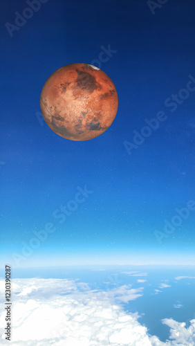 Obraz na płótnie Surreal scene with Mars floating in the sky above Earth, stars, clouds, and ocean below. Vertical 3d rendered illustration. Elements of this image were furnished by NASA w salonie