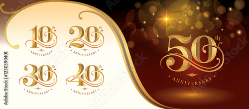 Set of 10 to 50 years Anniversary logo design, Ten to Fifty years Celebrating Anniversary Logo, Golden curved lines Elegant Classic Logo, 10,20,30,40,50 Luxury numbers for Congratulation event