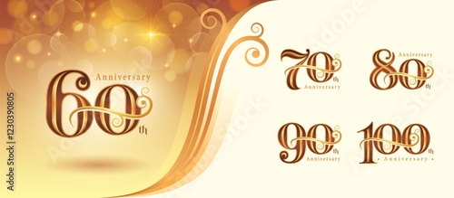 Set of 60 to 100 years Anniversary logo design, Sixty to Hundred years Celebrating Anniversary Logo, Gold curved roll line Elegant Classic Logo, 60,70,80,90,100 Luxury numbers for Congratulation event