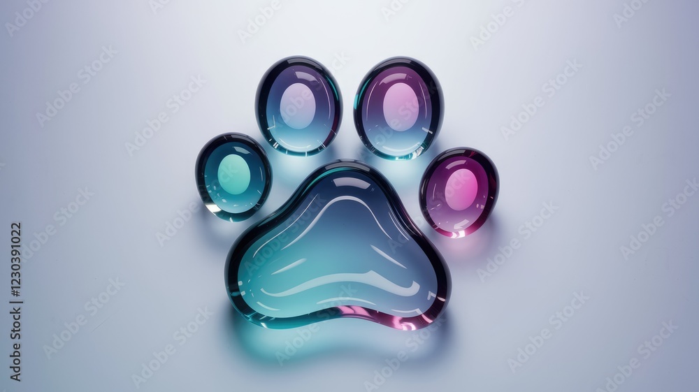 Glass paw print design, vibrant colors, abstract art, sleek and modern aesthetic.
