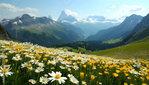 Mountains in Bloom     A panoramic view of a mountain landscape in spring  where the slopes are covered in blooming alpine flowers and snow-capped peaks can be seen on the horizon.    