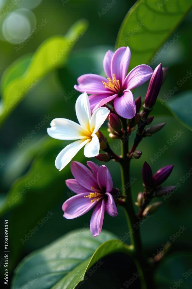 Coffee plant with large white and purple flowers blooming in the shade, flowers, coffee plants, garden flowers Coffee plant with large white and purple flowers blooming in the shade, flowers, coffee plants, garden flowers