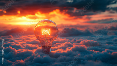 Silhouette of person facing glowing light bulb in clouds symbolizing creative ideas and personal growth with minimalistic bright light tone modern blurred background and empty caption space

 photo