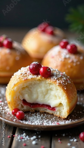 Cream-filled pastry with sprinkles and red berries, holiday, sweets photo