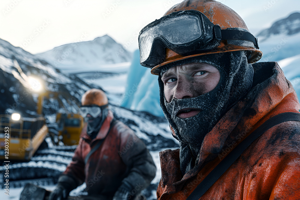 Obraz premium A close-up photographic portrait of workers in protective gear actively working in a mining area in the icy landscape of Greenland.