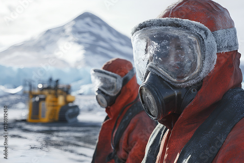 A close-up photographic portrait of workers in protective gear actively working in a mining area in the icy landscape of Greenland.