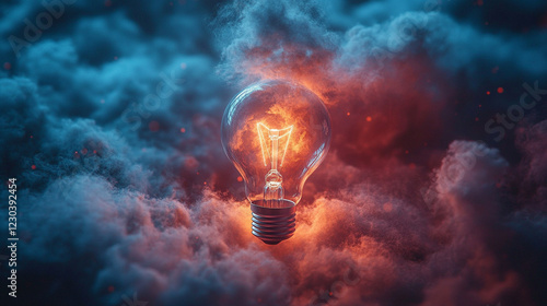 Silhouette of person facing glowing light bulb in clouds symbolizing creative ideas and personal growth with minimalistic bright light tone modern blurred background and empty caption space

 photo