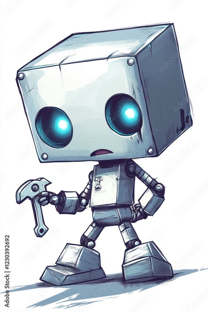 Cute robot holding wrench, digital art, white background, for kids' book illustration Cute robot holding wrench, digital art, white background, for kids' book illustration