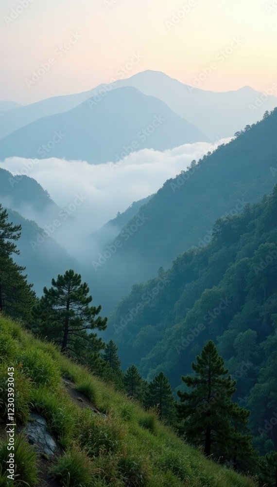 Fototapeta premium Foggy morning on the mountain with a sense of stillness, light, quiet