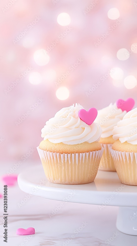 Vanilla cupcakes with pink heart toppers on a white plate against a dreamy pastel backdrop. Vanilla cupcakes with pink heart toppers on a white plate against a dreamy pastel backdrop.