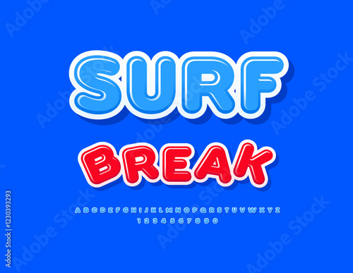 Vector Recreational sign Surf Break. Modern Blue Font. Uppercase Glossy Alphabet Letters and Numbers set.