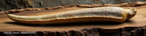 Fossilized plesiosaur tooth on wood plate with minerals and roots exposed, ancient, prehistoric photo