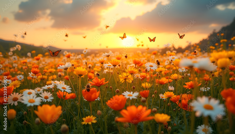 Fototapeta premium Fields of flowers: “Wide fields strewn with flowers of various colors, with bees and butterflies flying among them, against the background of a picturesque sunset.”
