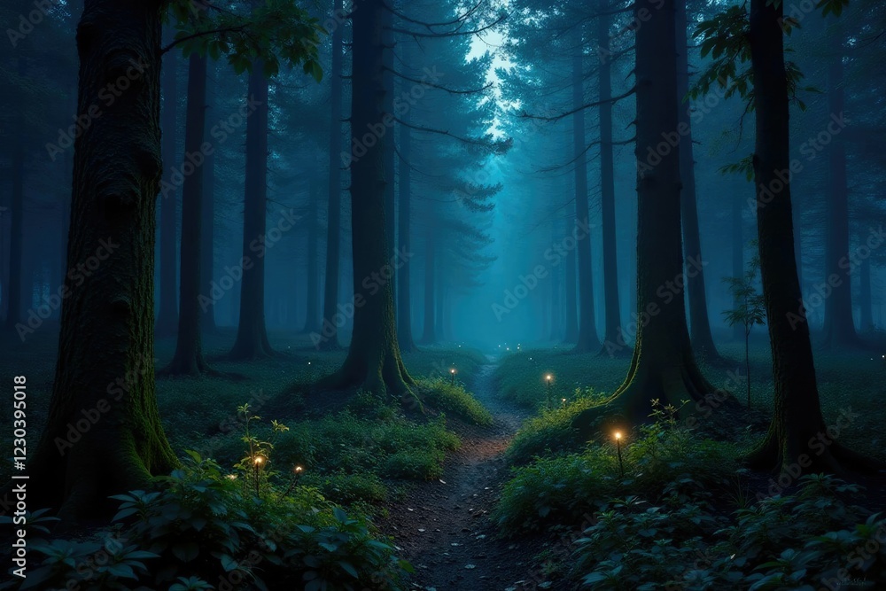 Fototapeta premium Luminescent forest floor amidst towering trees glowing softly in darkness, woods, eerie, forest