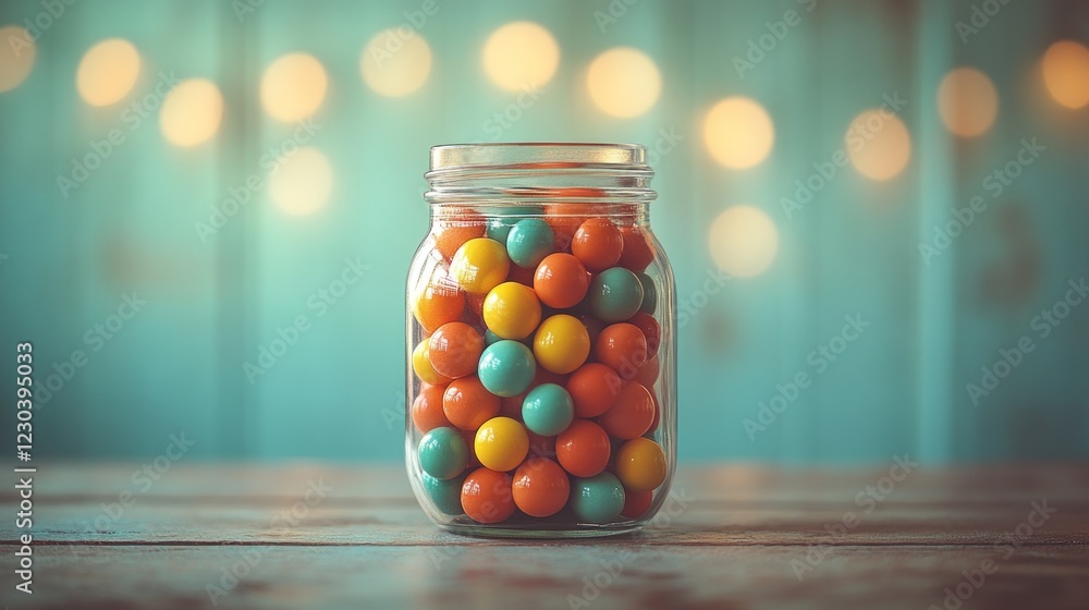 Colorful gumballs in a glass jar on a wooden table against a bokeh background. Colorful gumballs in a glass jar on a wooden table against a bokeh background.