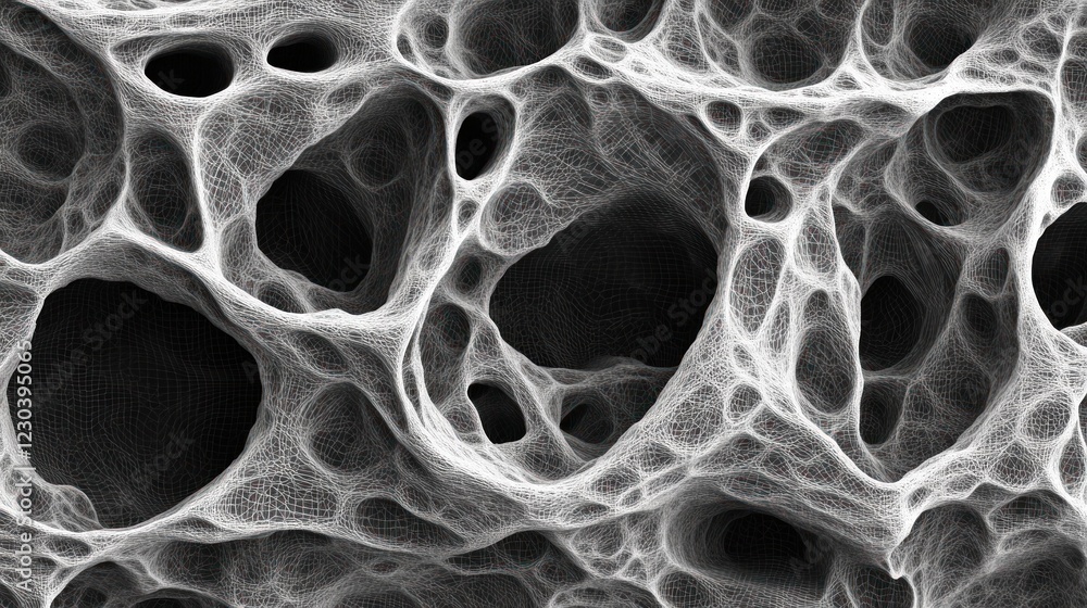 Abstract grayscale image of a porous, spongy, network structure. Abstract grayscale image of a porous, spongy, network structure.