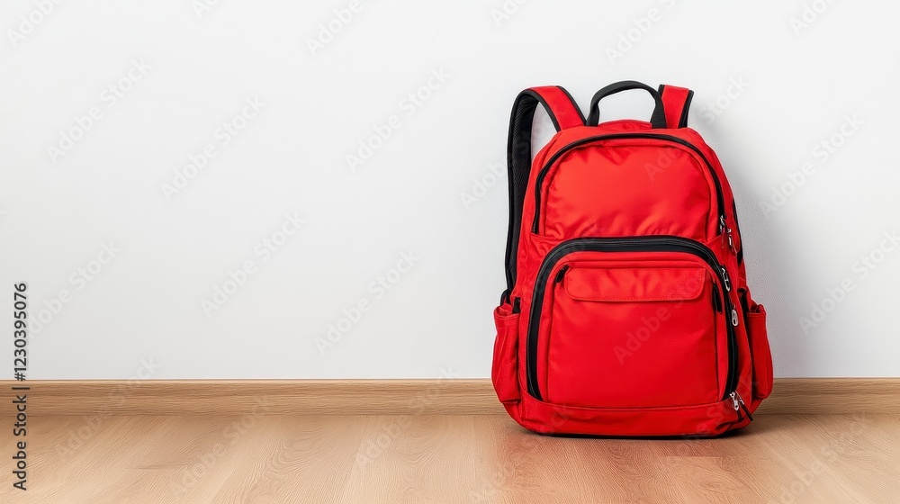 Red Backpack Against White Wall Red Backpack Against White Wall