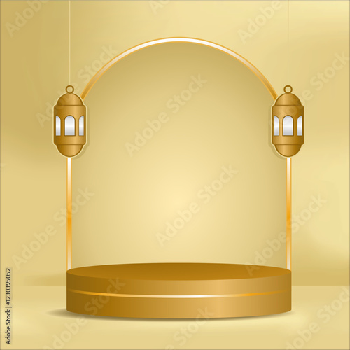 3d cylinder podium product display with door masque arabic pattern with golden lantern lamp for ramadan mubarak kareem islamic event
