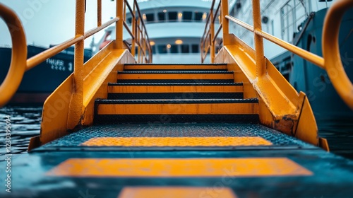 Yellow gangway steps to ship, harbor, blurred background, travel