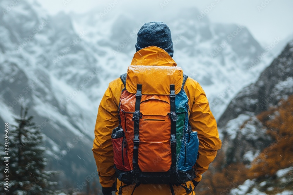 Backpacker in bright jacket admires snowy mountain landscape on a misty day Backpacker in bright jacket admires snowy mountain landscape on a misty day