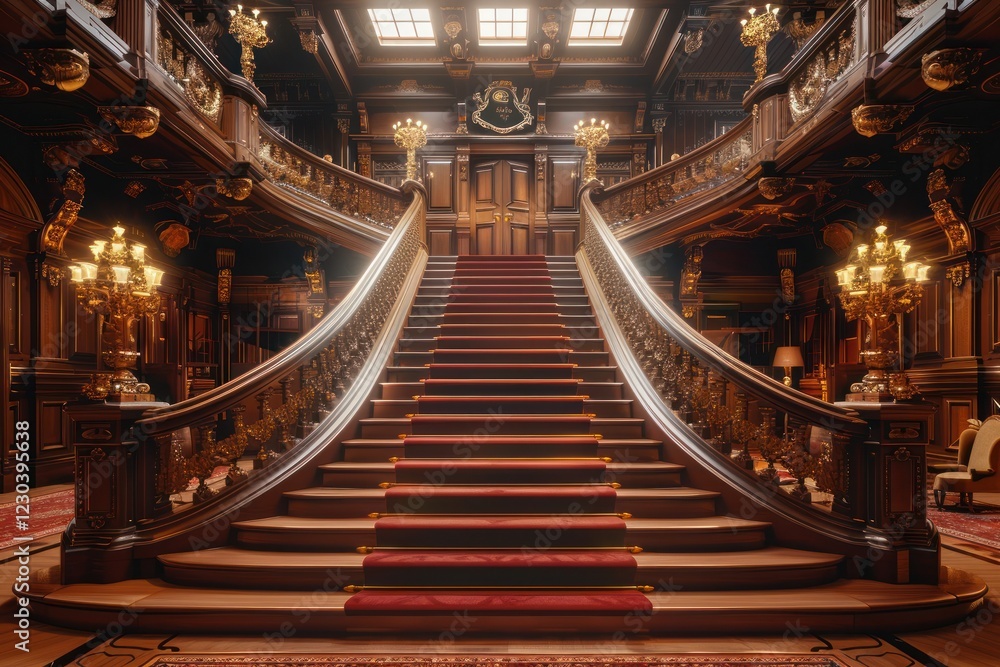 Obraz premium A luxurious grand staircase showcases intricate wood paneling and golden details, illuminated by soft ambient light