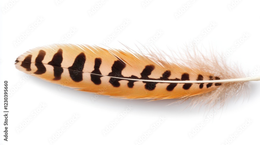 Intricate Bird Feather With Brown and Black Stripes On White Intricate Bird Feather With Brown and Black Stripes On White