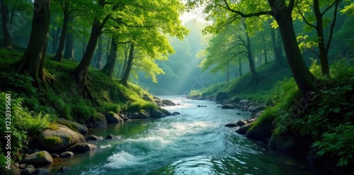 River flowing through the heart of a dense forest, landscape, tree covered