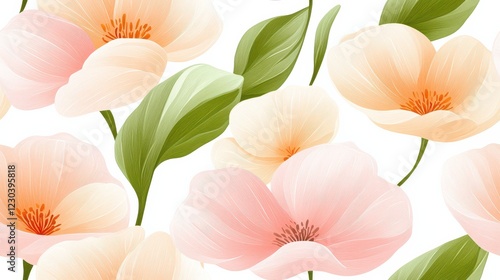 Wallpaper Mural Floral Seamless Pattern Featuring Soft Peach And Pink Blossoms With Lush Green Leaves, Evoking Nature's Beauty In An Elegant Design Torontodigital.ca