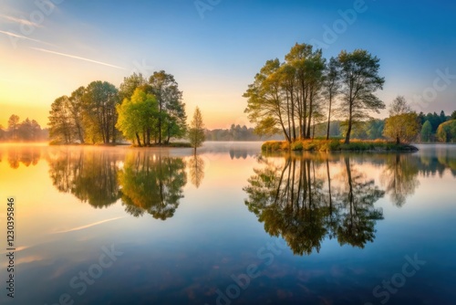 Wallpaper Mural Reflections of trees in the calm surface of a still lake at dawn, still lake, natural beauty Torontodigital.ca