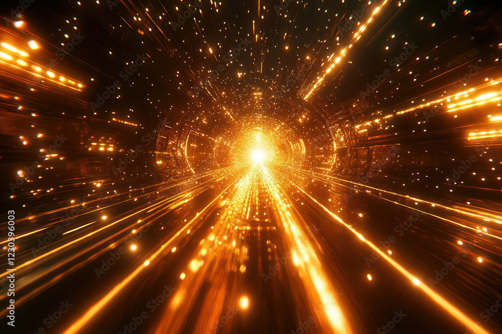 Fototapeta premium A mesmerizing golden tunnel of light, radiating energy and speed, evokes feelings of futuristic travel and cosmic wonder.