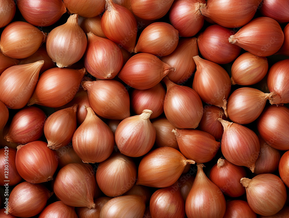 Fresh shallots scattered on a rustic surface Fresh shallots scattered on a rustic surface