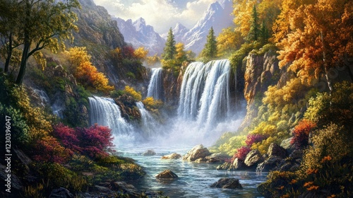 Autumn Waterfall Landscape, Mountain Valley, Colorful Foliage, Peaceful Scene, Nature Photography