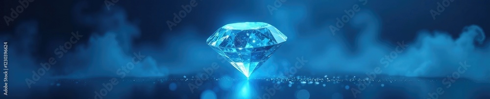 Shimmering diamond within a misty atmosphere, illuminated with blue hues, gemstone, blue background Shimmering diamond within a misty atmosphere, illuminated with blue hues, gemstone, blue background
