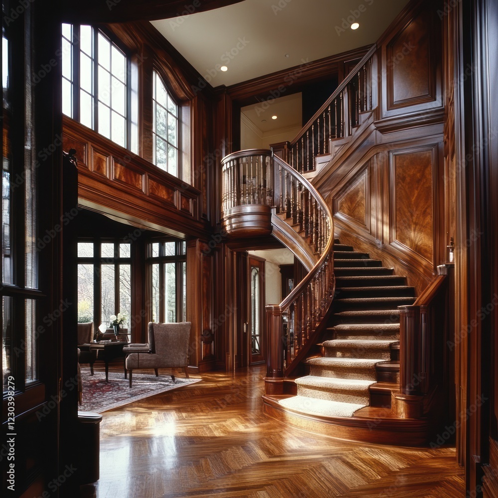 A luxurious foyer showcases intricate woodwork and a curved staircase, inviting warmth and sophistication into the home A luxurious foyer showcases intricate woodwork and a curved staircase, inviting warmth and sophistication into the home