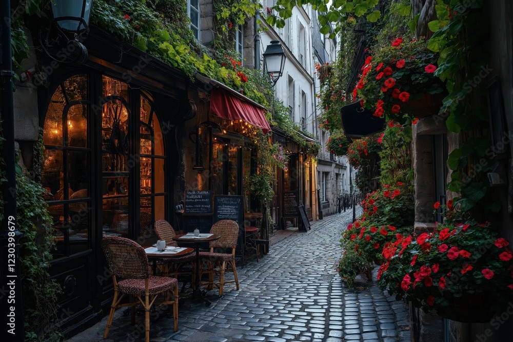 Fototapeta premium Parisian Cafe Scene: Couple, Cobblestones, and Vibrant Flower Boxes