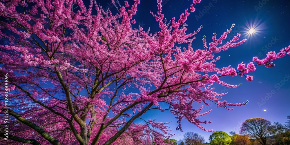 Redbud Tree Blossoms Spring Garden Blue Sky Night Photography Stock Photo Redbud Tree Blossoms Spring Garden Blue Sky Night Photography Stock Photo