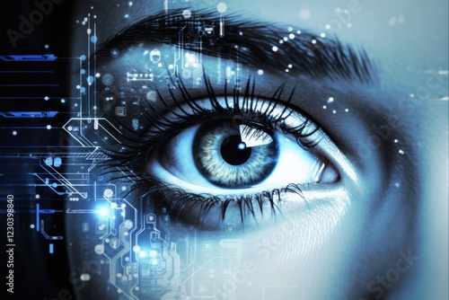 Technology Eye - Future woman with cybernetic iris and digital information display panel for enhanced security and vision scan photo