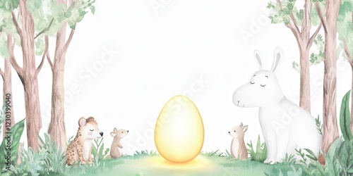 A whimsical scene with animals and a glowing yellow egg. photo