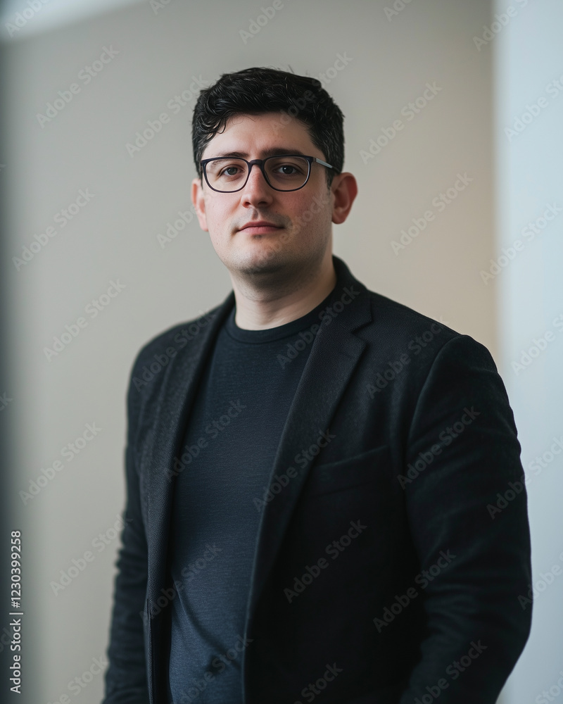 Obraz premium Young businessman in black blazer and glasses against neutral background
