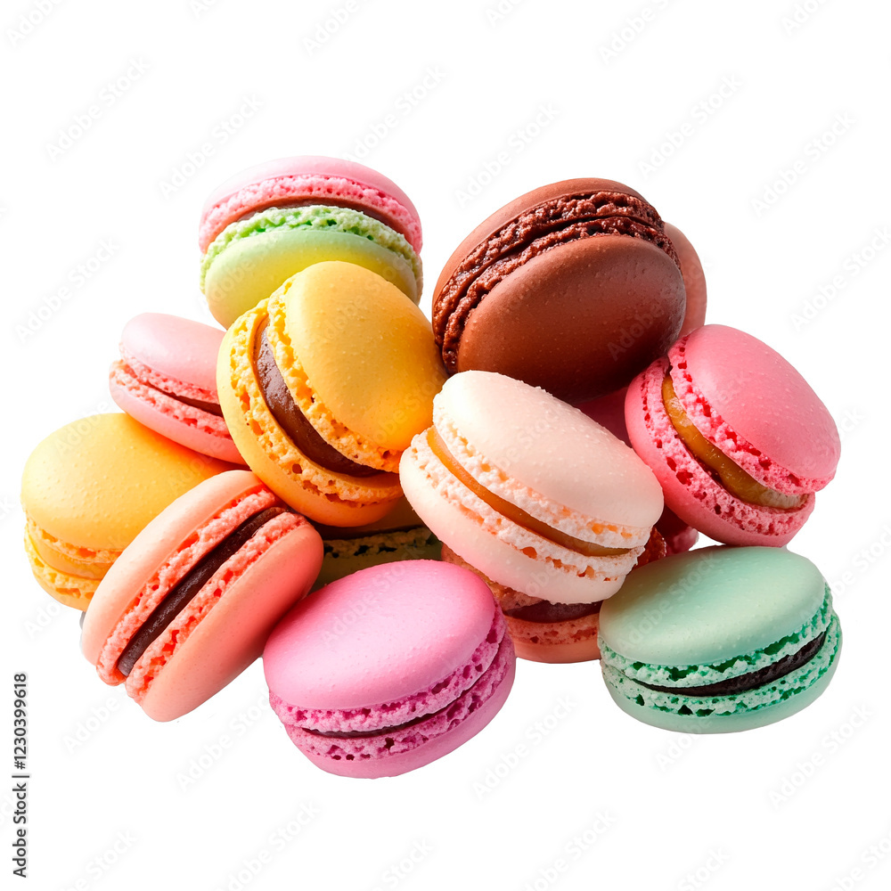 Set of different colored macarons on transparent background. French dessert.