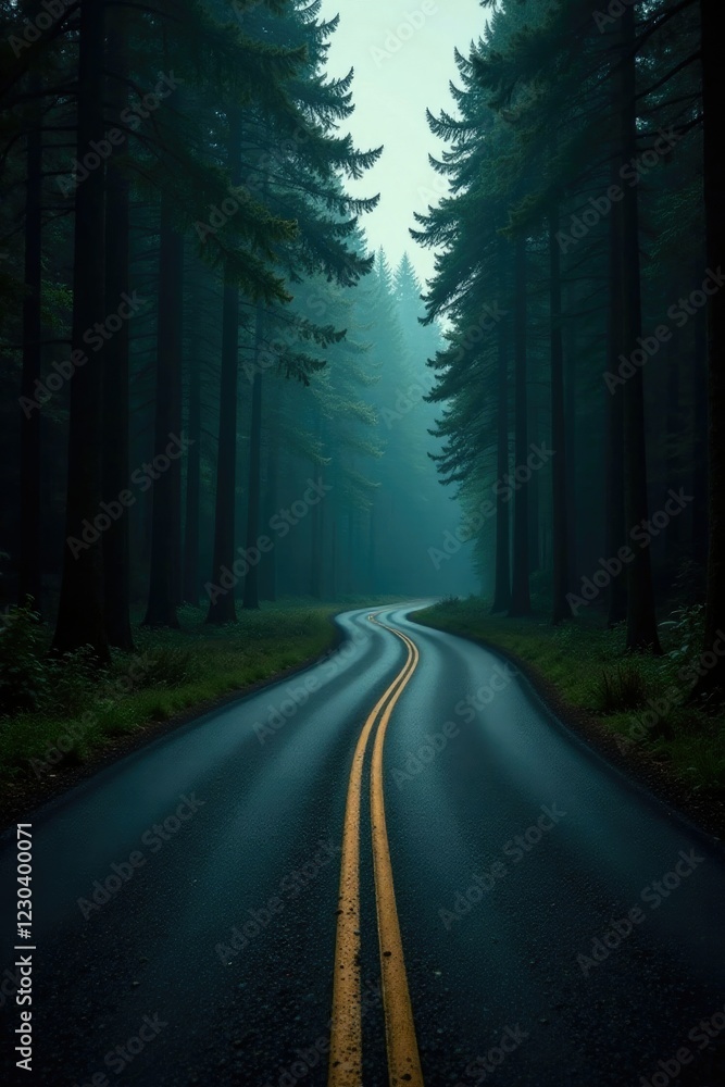Fototapeta premium A lonely, winding road that disappears into the darkness of a dense forest, winding, path, isolation