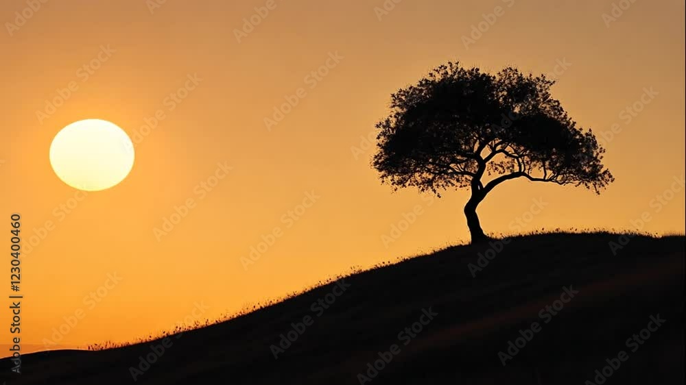 Silhouette Of A Tree On A Hill At Sunset Silhouette Of A Tree On A Hill At Sunset