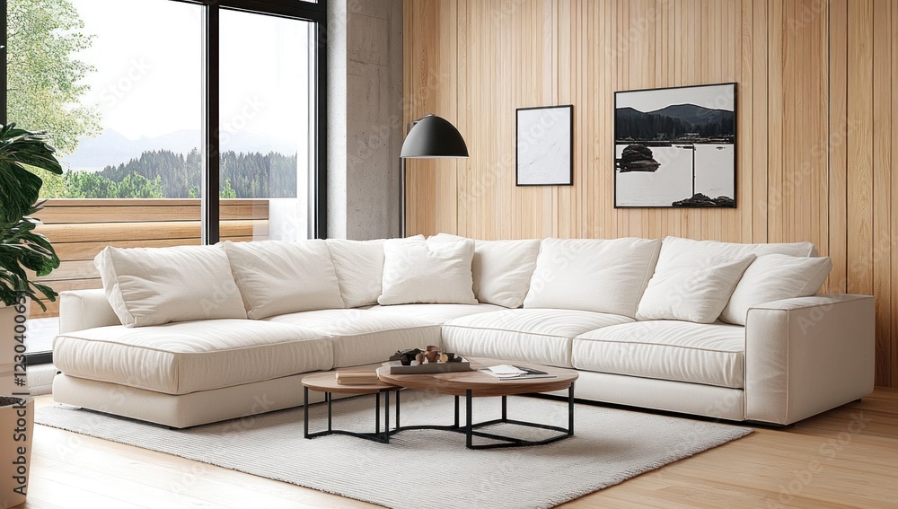 Fototapeta premium Modern Sectional Sofa in a Cozy Living Room with a View
