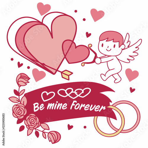 Be Mine Forever: A sweet and romantic illustration featuring Cupid, hearts, roses, rings, and a banner proclaiming "Be Mine Forever." This charming design is perfect for Valentine's Day.