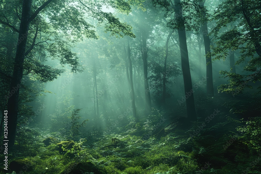 A deep forest with a misty, ethereal atmosphere, creating a mysterious and serene scene