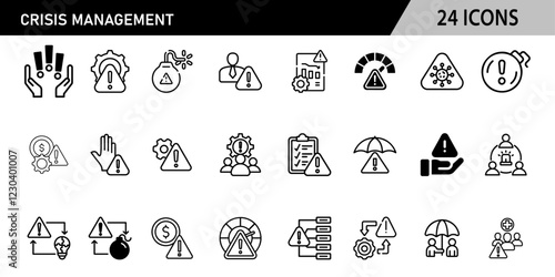Set of 24 outline icons related to crisis management. Editable stroke. Vector illustration